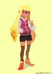  bike_shorts blonde_hair clothed clothing colo fangs female grin hair hand_gesture inkling legwear letterman_jacket looking_at_viewer nintendo pink_eyes pointy_ears sneakers solo splatoon stockings tentacles v_sign video_games 