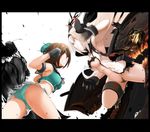  air_defense_hime battle black_footwear black_gloves blue_eyes blue_panties boots breasts brown_hair damaged destroid dress duel gloves grin hair_ornament hairband hairclip hasai_(mekkan) hat headgear horns kantai_collection large_breasts long_hair maya_(kantai_collection) midriff open_mouth panties pleated_skirt red_eyes remodel_(kantai_collection) sailor_dress school_uniform shinkaisei-kan short_hair showgirl_skirt skirt sleeveless smile underboob underwear white_hair white_skin 