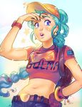  1girl asia_kendrick-horton backpack bag bandaid belt blue_hair bracelet braid braided_ponytail bulma crop_top dragon_ball earrings goggles goggles_around_neck hand_on_hip jewelry looking_at_viewer midriff nail_polish navel open_mouth ponytail single_glove solo stomach upper_body wristwatch 