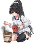  banned_artist black_hair chopsticks cooking fan fish grill isokaze_(kantai_collection) kantai_collection kappougi lowres official_art paper_fan paseri red_eyes shichirin solo thighhighs transparent_background uchiwa 