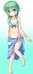 aqua_hair barefoot blue_background blue_eyes blue_panties blue_sarong bra commentary_request floral_print front-tie_bikini front-tie_top full_body gradient gradient_background long_hair md5_mismatch mochizuki_hull no_hat no_headwear panties plaid plaid_bra plaid_panties sarong shiki_eiki smile solo swimsuit touhou underwear white_background 