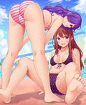  2girls ass bare_shoulders barefoot bent_over bikini blush bra breasts brown_hair cameltoe feet from_behind hair_over_one_eye long_hair looking_at_viewer multiple_girls open_mouth original panties polka_dot polka_dot_bra polka_dot_panties polka_dot_swimsuit purple_eyes purple_hair sakaura_(layer255) shiny shiny_skin smile striped striped_bra striped_panties striped_swimsuit swimsuit underwear 