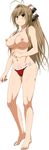  amagi_brilliant_park antenna_hair bad_id bad_pixiv_id barefoot bikini breasts brown_eyes brown_hair full_body hair_intakes highres large_breasts long_hair looking_at_viewer nipples o-ring o-ring_bottom ponytail rbnesty red_bikini sento_isuzu simple_background smile solo sweatdrop swimsuit topless white_background 