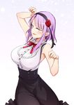  bad_id bad_pixiv_id bare_shoulders black_skirt blue_eyes bow breasts covered_nipples dagashi_kashi flower frills hairband high-waist_skirt large_breasts long_hair paw_pose purple_hair red_bow red_flower red_rose rose shidare_hotaru skirt solo suspender_skirt suspenders waero 