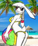  anthro beach beach_ball braided_hair detailed_background hair holding lagomorph looking_at_viewer mammal mixed_media photo_background rabbit roy-land seaside single_braid solo standing traditional_media_(artwork) 