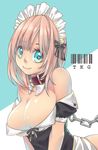  arched_back barcode bdsm blue_eyes borrowed_character bow breasts chain cleavage closed_mouth collar eyelashes hair_bow heart heart-shaped_pupils highres large_breasts looking_at_viewer maid maid_headdress md5_mismatch off_shoulder original pink_hair puffy_short_sleeves puffy_sleeves roy_(pixiv992911) short_hair short_sleeves smile solo symbol-shaped_pupils takagi_(tansuke) text_focus upper_body 