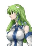  bad_id bad_pixiv_id blouse breasts detached_sleeves frog_hair_ornament from_side green_eyes green_hair hair_ornament kochiya_sanae large_breasts long_hair nagihito snake_hair_ornament solo touhou 
