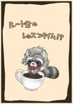  animal animalization beige_background black_border border clothed_animal coffee coffee_beans commentary_request cup frown grey_hair highres kirio_mari ludwig_van_beethoven messy_hair no_humans original raccoon red_scarf scarf silver_hair simple_background tail translation_request 