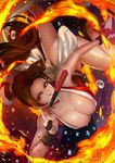  artist_name ass bare_shoulders breasts brown_eyes brown_hair cleavage closed_fan facebook_username fan fatal_fury fire flying_sweatdrops folding_fan large_breasts long_hair magion02 mouth_hold ponytail shiranui_mai signature solo sweat the_king_of_fighters thighs watermark web_address 