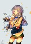  artist_name food food_in_mouth furisode_(pixilvina) hair_ornament highres jewelry long_hair looking_at_viewer original pocky pocky_day purple_hair ring scarf school_uniform silver_hair skirt snowflakes solo 