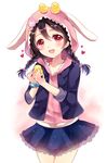  :d alternate_hairstyle animal_hood bird black_hair blue_skirt blush braid bunny_hood chick heart heart_background hood long_hair love_live! love_live!_school_idol_project md5_mismatch open_mouth red_eyes sakura_hiyori skirt smile solo twin_braids yazawa_nico 