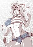  abstract_background amakuchi anthro big_breasts breasts clothed clothing eyes_closed feline female mammal midriff musical_note nipple_bulge open_mouth shirt shorts smile solo standing stripes tank_top tiger under_boob whiskers 