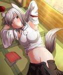  animal_ears blush book breasts chikinman detached_sleeves groin hat inubashiri_momiji looking_at_viewer lying medium_breasts midriff navel on_side pom_pom_(clothes) red_eyes short_hair silver_hair skirt smile solo tail tatami tokin_hat touhou wolf_ears wolf_tail 