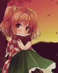  bell book checkered hair_bell hair_ornament japanese_clothes motoori_kosuzu red_eyes red_hair sen1986 short_hair solo sunset touhou two_side_up wide_sleeves 
