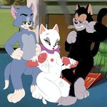 breasts butch cat collar cum erect_nipples erection exwolf85 fangs feline female green_eyes male mammal metalslayer nipples penis red_lipstick ribbons smile tom tom_and_jerry 