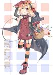  2015 alternate_costume arm_up basket beritabo black_gloves blonde_hair blush boots candy cape choker dress elbow_gloves food full_body garter_straps gloves hair_ornament hair_ribbon halloween halloween_costume lollipop looking_at_viewer mask one_eye_closed red_eyes red_gloves ribbon rumia short_hair sleeveless smile solo striped striped_legwear sweets thighhighs tongue tongue_out touhou zettai_ryouiki 