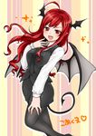  :d bat_wings black_legwear black_neckwear blush breasts demon_tail dress_shirt fangs head_wings highres koakuma large_breasts long_hair monrooru necktie open_mouth pantyhose pencil_skirt pointy_ears red_eyes red_hair shirt skirt skirt_set smile solo tail touhou vest wings 