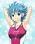 1girl armpits arms_up bare_shoulders blue_eyes blue_hair jersey kondate nishijima_waon precure short_hair smell solo suite_precure 