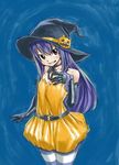  blue_background blue_hair brown_hair fairy_tail halloween_costume hat long_hair looking_at_viewer mashima_hiro pumpkin smile solo striped striped_legwear wendy_marvell witch_hat 