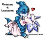  &lt;3 2009 ambiguous_gender anthro barefoot blue_fur blue_skin blush claws clothed clothing digimon dragon duo english_text eyes_closed fur interspecies kissing lagomorph lunamon mammal nude pink_skin simple_background text tigerlilylucky toe_claws veemon white_background white_skin yellow_skin 