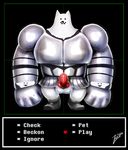  2015 animal_genitalia anthro balls canine chubby clothed clothing dog erection fur greater_dog invalid_tag knot looking_at_viewer male mammal penis simple_background smile solo text undertale video_games white_fur zestibone 