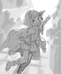  :d absurdres animal_ears bad_id bad_twitter_id boots bracer cat_ears cloak dress ears_through_headwear en@rain granblue_fantasy greyscale highres hood hooded_cloak long_hair monochrome open_mouth pointing scathacha_(granblue_fantasy) simple_background sketch smile solo white_background 