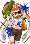  absurdres bad_id bad_pixiv_id bike_shorts cameltoe covering_face crop_top dirty domino_mask fang highres holding holding_weapon ink_tank_(splatoon) inkling konkon long_hair mask midriff navel one_eye_closed open_mouth orange_eyes orange_hair paint_splatter pointy_ears shirt single_vertical_stripe sketch sleeveless solo splatoon_(series) splatoon_1 splattershot_(splatoon) standing super_soaker sweat tentacle_hair thigh_gap weapon white_background white_shirt wince 