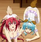  2girls all_fours animal_ears aqua_hair arm_garter ass blue_hair blush bra braid breasts cleavage corset dog_ears dog_tail garter_belt garter_straps hair_ribbon hairband large_breasts lingerie long_hair multiple_girls naruse_mio nonaka_yuki open_mouth panties pet_play red_eyes red_hair ribbon saliva screencap shinmai_maou_no_testament short_hair stitched sweat tail thighhighs tongue tongue_out top-down_bottom-up twintails underwear white_legwear wooden_floor yellow_eyes 
