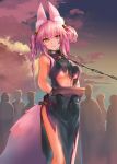  1girl alle_gro animal_ears black_gloves bound breasts china_dress chinese_clothes cloud collar crowd double_bun dress fate/grand_order fate_(series) fox_ears fox_tail gloves koyanskaya large_breasts leash metal_collar pink_hair restrained stocks tail torn_clothes underboob yellow_eyes 