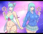  :&gt; :&lt; babydoll bangs blue_eyes blue_hair blunt_bangs blush breasts cleavage copyright_name dr._omonemushi dual_persona elbow_gloves eyebrows eyebrows_visible_through_hair girl_(anime_expo) gloves hairband highres holding_hands huge_breasts kami-sama_(girl) long_hair looking_at_viewer navel pleated_skirt purple_eyes skirt thighhighs wand yellow_gloves 