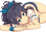  belly black_hair breasts cleavage cropped_jacket ganaha_hibiki green_eyes highres idolmaster idolmaster_(classic) looking_at_viewer lying midriff narumi_arata ponytail short_shorts shorts small_breasts smile solo strapless thigh_gap tubetop wristband 