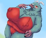  anthro avian big_breasts bird breasts bubonikku bunny_costume clothing fake_ears female fur green_fur nipples overweight pigeon red_eyes solo yellow_sclera 