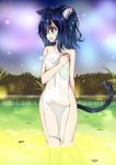  amano_kouki animal_ears blue_hair blush breasts cat_ears cat_tail covering cyan_(show_by_rock!!) highres medium_breasts nude_cover open_mouth short_hair show_by_rock!! solo tail towel wading 