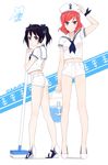  2girls :&lt; bad_id bad_pixiv_id black_hair blush bow bucket cleaning_brush hair_bow hand_on_headwear hat high_heels highres leaning_on_broom legs love_live! love_live!_school_idol_project midriff multiple_girls nishikino_maki no_socks purple_eyes red_eyes red_hair ribbon sailor_collar sailor_hat short_shorts shorts signature summer twintails wrist_ribbon yazawa_nico 