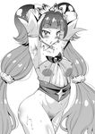  1girl amanogawa_kirara armpits bare_shoulders blush breasts cure_twinkle earrings gloves go!_princess_precure jewelry long_hair magical_girl monochrome precure pubic_hair star_earrings sweat twintails utamaro 