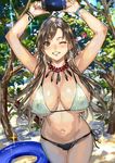  arms_up bikini bracelet breasts brown_eyes brown_hair cellphone covered_nipples earrings grin holding innertube jewelry large_breasts long_hair looking_at_viewer navel necklace one_eye_closed original phone ran'ou_(tamago_no_kimi) side-tie_bikini smile solo swimsuit taking_picture tree 