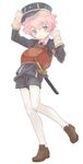  akita_toushirou blue_eyes full_body hat kajifuchi legwear_under_shorts male_focus military military_uniform pantyhose pantyhose_under_shorts pink_hair shorts smile solo touken_ranbu uniform white_legwear 