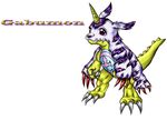  2009 ambiguous_gender anthro claws digimon english_text fur gabumon horn markings nude purple_fur raised_tail red_eyes simple_background solo stripes teeth text tigerlilylucky toe_claws traditional_media_(artwork) white_background white_fur yellow_skin 