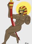  abs anthro avian biceps bird deity egyptian falcon male muscular nipples nude oliwun penis ra simple_background smite solo 