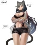  ... 1girl animal_ears arknights ass_visible_through_thighs black_hair black_shorts breasts cat_ears cat_girl cat_tail cleavage closed_mouth crossed_arms english_text firstw1 grey_jacket highres jacket large_breasts long_hair long_sleeves navel open_clothes open_jacket revealing_clothes schwarz_(arknights) short_shorts shorts simple_background solo speech_bubble spoken_ellipsis stomach sweatdrop tail thigh_gap thighs twitter_username very_long_hair white_background yellow_eyes 