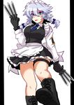  :p apron armband black_gloves blue_eyes blush boots braid breasts from_below gloves harukatron highres holding holding_knife izayoi_sakuya knife knives_between_fingers large_breasts legs maid_apron maid_headdress necktie silver_hair solo thigh_strap tongue tongue_out touhou tsurime twin_braids vest wide_hips 