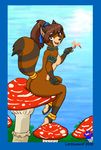  2009 arthropod blue_border border bracelet breasts brown_hair butt detailed_background eyebrows eyelashes female fly fur hair insect jewelry lonbluewolf looking_at_viewer looking_back mammal multicolored_fur mushroom nipples nude plant raccoon red_eyes solo tree watermark white_sclera 