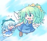  &gt;:o 216 2girls :d :o ascot blue_dress blue_eyes blue_hair blush bow chibi cirno cloud commentary_request daiyousei dress eyebrows_visible_through_hair fairy_wings flying flying_sweatdrops full_body green_eyes green_hair hair_between_eyes hair_bow hand_holding loafers looking_at_another looking_back multiple_girls open_mouth outdoors shoes side_ponytail skirt skirt_set sky smile touhou vest wings 