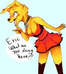  anthro blush bojack_horseman breasts canine cleavage clothed clothing collar crossgender cute dog dress english_text eyelashes fangs female fur legwear mammal mr._peanutbutter open_mouth pkbunny simple_background standing stockings teeth text tongue yellow_fur 