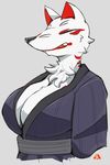  anthro big_breasts breasts canine chest_tuft cleavage clothed clothing female fox fur japanese_clothing kimono mammal smile solo tuft white_fur さん間宮 
