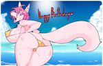  &lt;3 anthro beach bent_over big_breasts big_butt big_tail bikini blue_eyes blush breasts butt canine clothing cloud english_text female fluffy_tail fur hair huge_breasts huge_butt kazuhiro kemono looking_back mammal open_mouth outside pink_fur pink_hair sea seaside solo standing sun sweat swimsuit text voluptuous water white_sclera wolf 