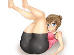  1girl artist_request ass bare_shoulders barefoot bike_shorts blue_eyes blush breasts brown_hair cameltoe erect_nipples hair_bun huge_ass leg_grab legs legs_up looking_at_viewer original shiny shiny_clothes shiny_hair shiny_skin short_hair solo sweat tank_top tanktop tsurara0128 