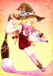  1girl beryl_benito blonde_hair blush boots brown_eyes brush freckles hat long_hair one_eye_closed open_mouth ribbon tales_of_(series) tales_of_hearts thighhighs wide_sleeves wink witch_hat 