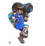  blue_eyes boots breasts brown_hair dark_skin full_body gloves gun joakim_sandberg nuclear_throne police police_uniform respirator rogue_(nuclear_throne) rogue_rifle short_hair simple_background small_breasts solo uniform weapon white_background 