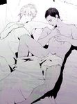  2boys aftersex aomine_daiki artist_request bed dark_skin in_bed kise_ryouta kuroko_no_basuke licking monochrome multiple_boys sleeping yaoi 